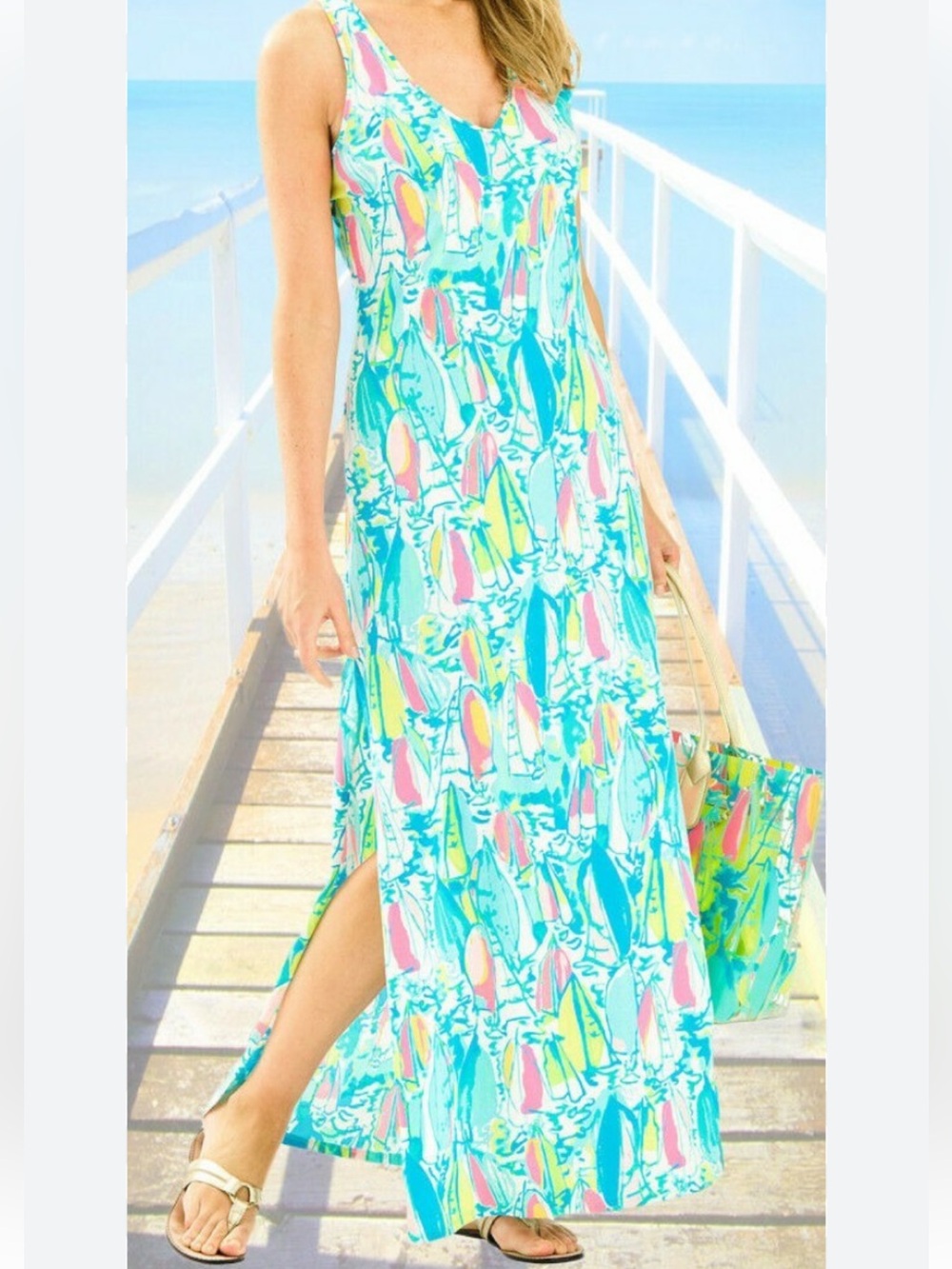 Lilly Pulitzer Turquoise Multi Sailboat Print Maxi Dress
